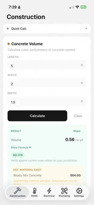 Calcjaw Construction: Concrete Volume showing 12.5×8.2×0.15 inputs and 20.1 YD³ result with ACI 318 citation