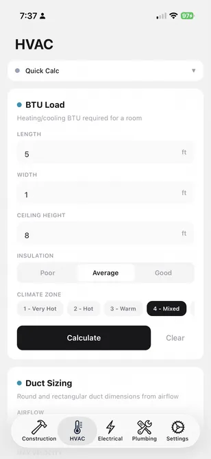 Calcjaw HVAC: BTU Load with length/width/ceiling inputs, Average insulation, climate Zone 4 — Mixed