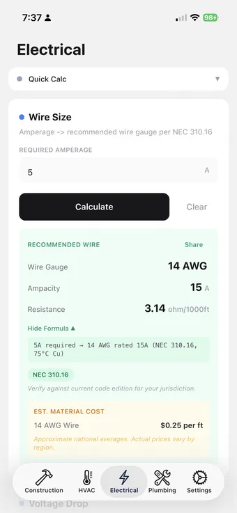 Calcjaw — Electrical trade, Wire Size calculator: 5 A amperage returning 14 AWG with 15 A ampacity, 3.14 Ω/1000 ft, NEC 310.16 cited