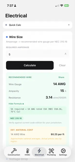 Calcjaw Electrical: Wire Size for 5 A amperage, returning 14 AWG with 15 A ampacity, 3.14 Ω/1000 ft, NEC 310.16 cited