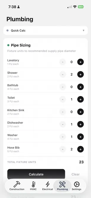 Calcjaw Plumbing: Pipe Sizing with fixture-unit picker rows (Lavatory, Shower, Bathtub, Toilet, Kitchen Sink, Dishwasher, Washer, Hose Bib), total 23 WSFU